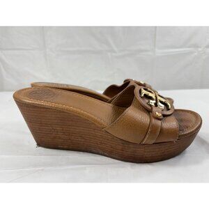 Tory Burch Selma Wedge Platform Slides Shoes Tan Pebbled Gold Logo Open Toe Sz 7